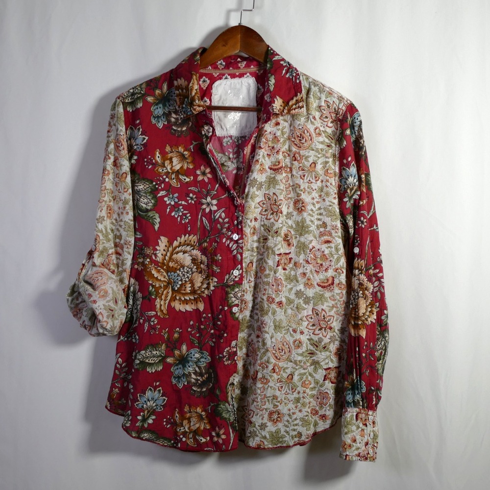 Cino Womens Boho Floral Patchwork Button Up Top Size L Roll Tab Sleeve Cotton